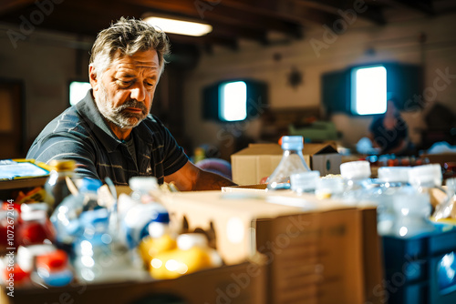 Homme préparant des colis de nourriture pour des personnes en difficultés ou après une catastrophe photo