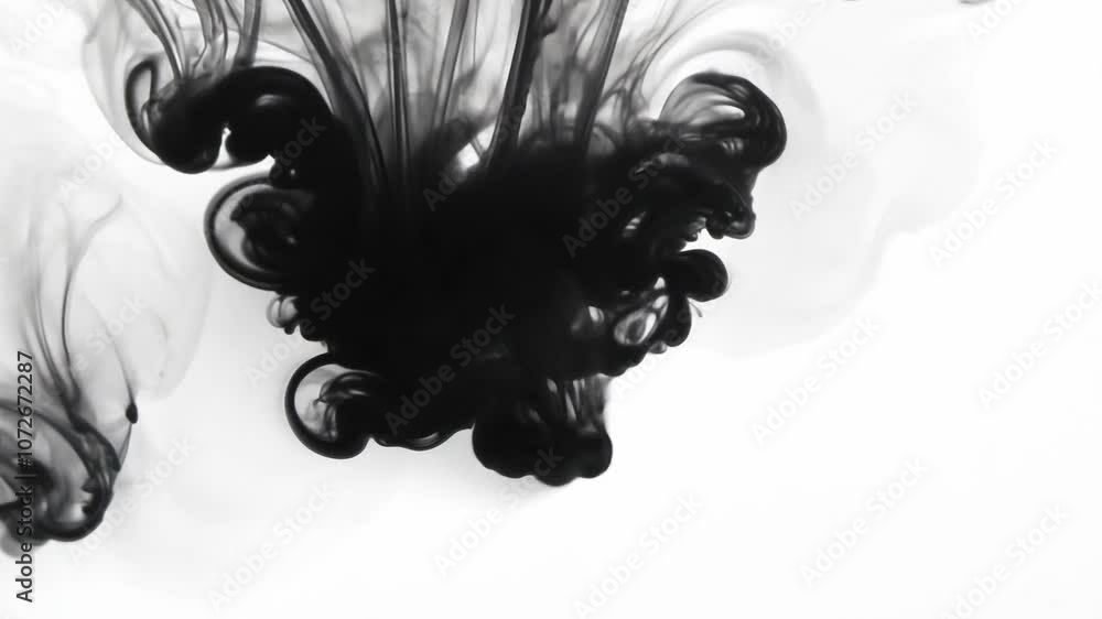 Black ink expanding in water on white background