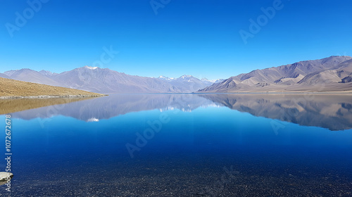 A serene lake surrounded by mountains, reflecting the clear blue sky.