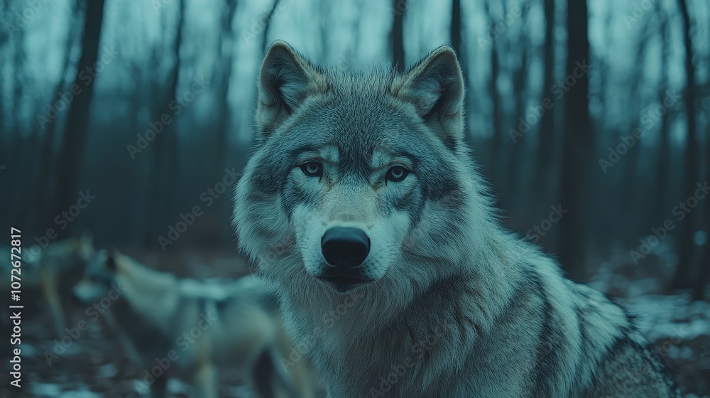 A wolf is standing in a forest with snow on the ground. The wolf has a serious expression on its face A wolf is standing in a forest with snow on the ground. The wolf has a serious expression on its face