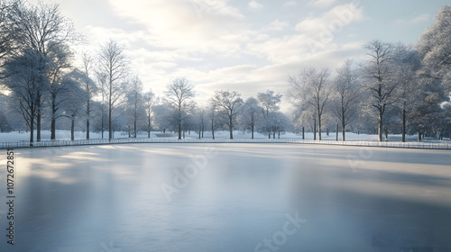 A serene morning scene of an empty ice rink surrounded by snow, waiting for skaters.