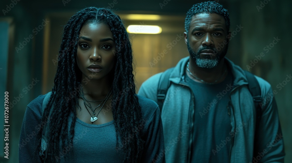 A man and a woman stand in a dark room. The woman has long hair and is wearing a necklace. The man is wearing a jacket and a backpack A man and a woman stand in a dark room. The woman has long hair and is wearing a necklace. The man is wearing a jacket and a backpack