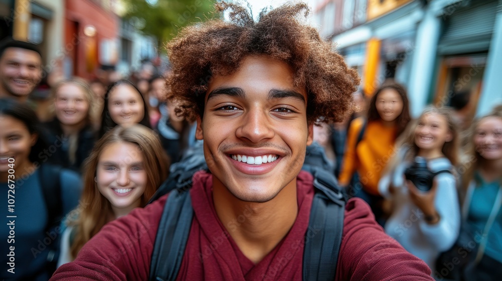 A young man with a backpack and a red shirt is smiling for the camera. The image captures a group of people, including the man, posing for a photo. Scene is cheerful and friendly A young man with a backpack and a red shirt is smiling for the camera. The image captures a group of people, including the man, posing for a photo. Scene is cheerful and friendly