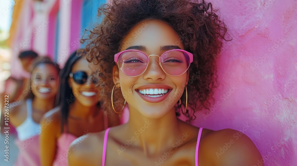 Obraz premium A woman with a pink shirt and glasses is smiling at the camera. She is surrounded by three other women, all wearing pink. Scene is cheerful and friendly