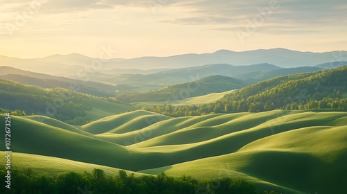 Aerial view of green hills in the mountains at sunset. Beautiful summer landscape.