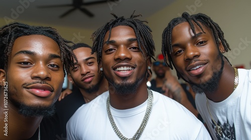 Four men with dreadlocks are smiling for the camera. They are wearing white shirts and black pants photo