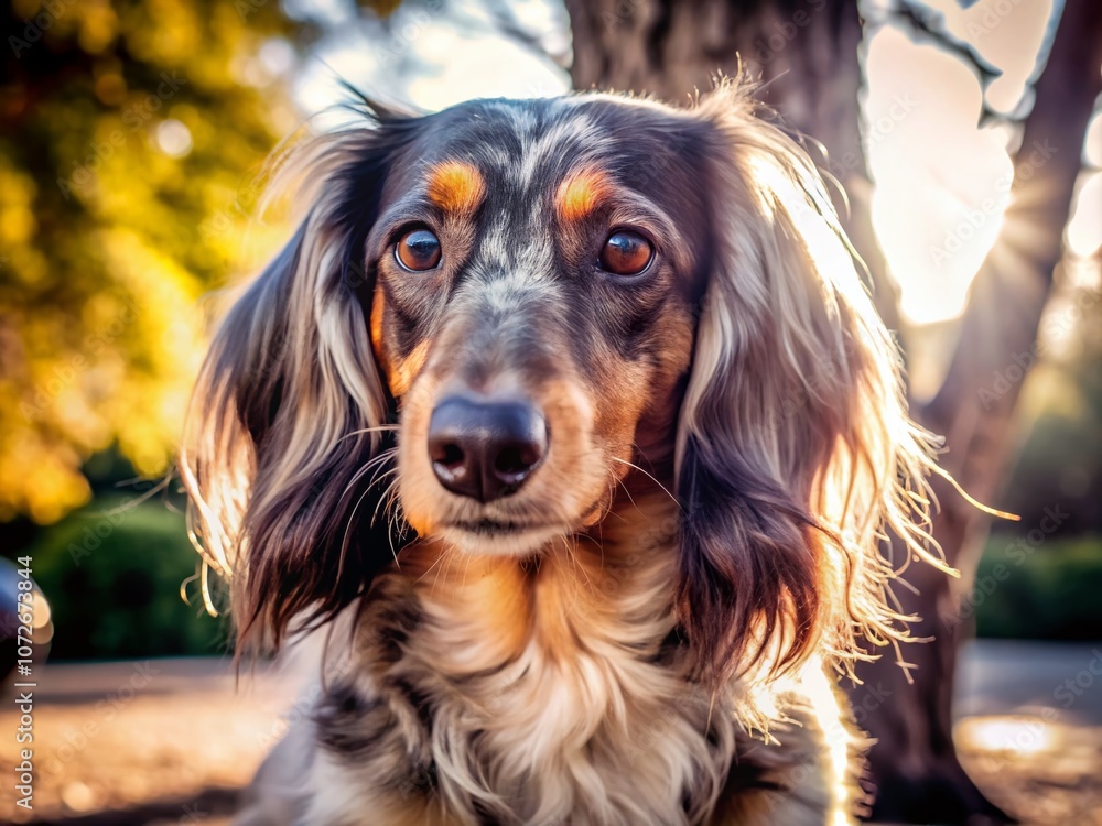 Captivating Portrait of a Long Haired Merle Dachshund in a Natural Setting with Soft Lighting and Gentle Expression, Perfect for Animal Lovers and Pet Photography Enthusiasts Captivating Portrait of a Long Haired Merle Dachshund in a Natural Setting with Soft Lighting and Gentle Expression, Perfect for Animal Lovers and Pet Photography Enthusiasts
