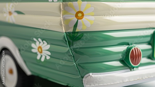 A retro green and white inflatable camper with a personalized license plate and flower decals for a fun wholesome vibe. photo