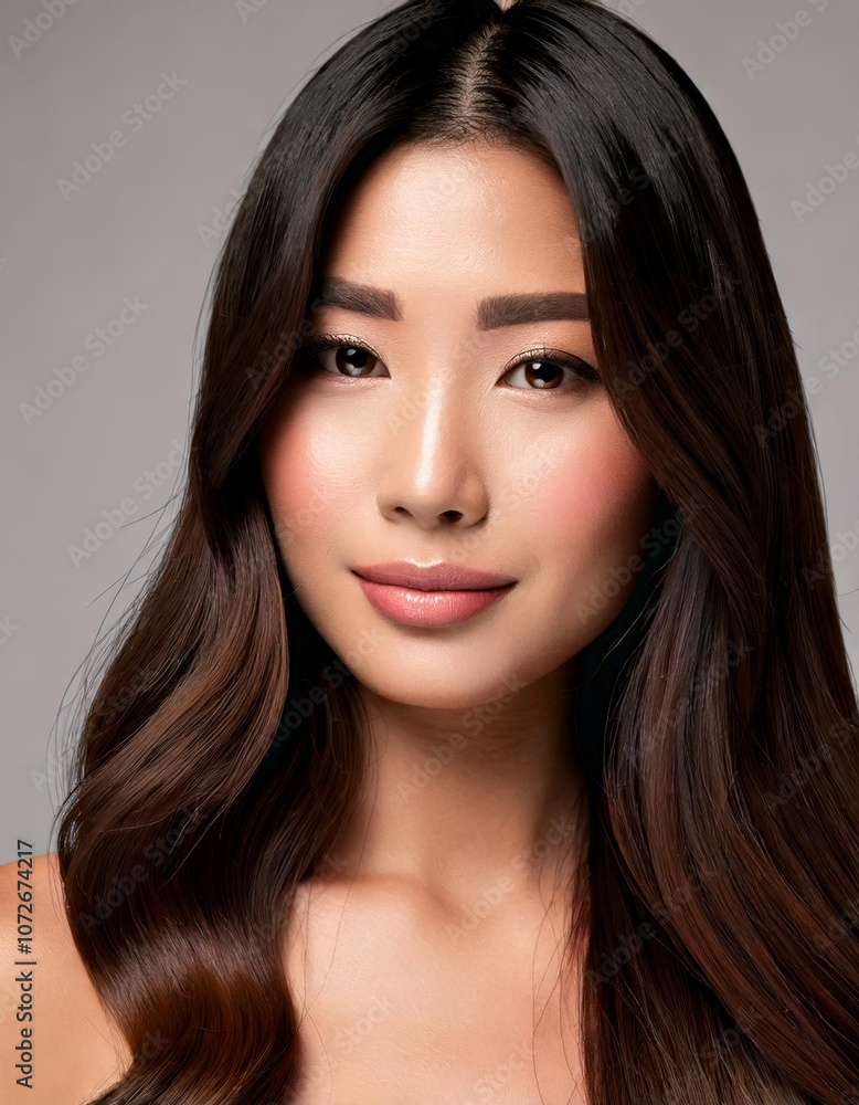 Radiant Beauty: A captivating portrait of a young Asian woman with long, flowing dark hair, exuding natural beauty and confidence. Her radiant smile and flawless complexion illuminate the frame. Radiant Beauty: A captivating portrait of a young Asian woman with long, flowing dark hair, exuding natural beauty and confidence. Her radiant smile and flawless complexion illuminate the frame.