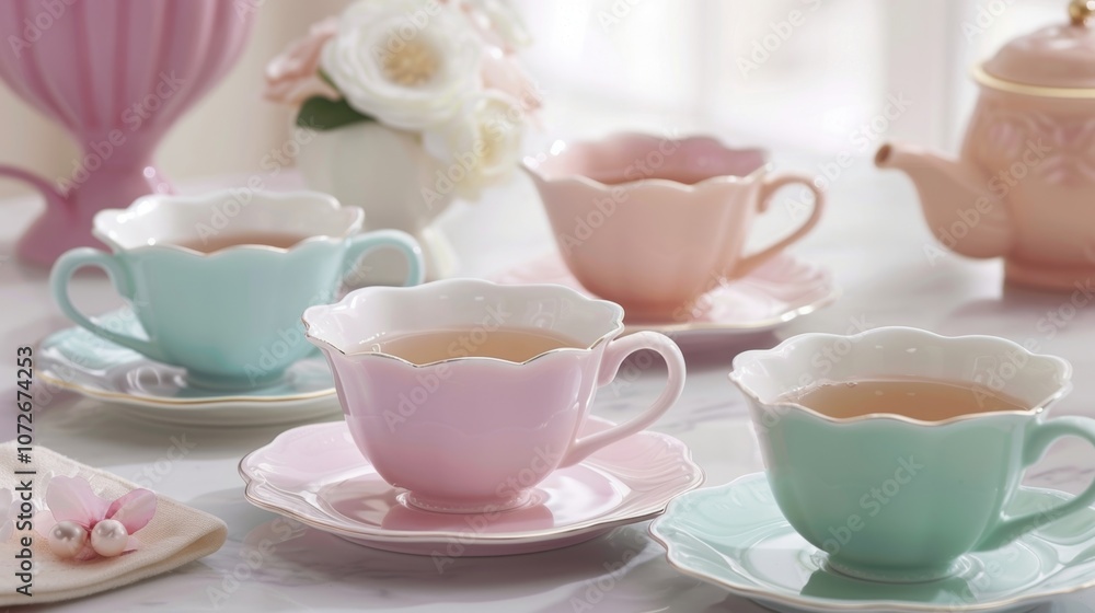 Sip your tea in style with this dreamy collection of pastelhued tea cups and saucers reminiscent of a bygone era. Sip your tea in style with this dreamy collection of pastelhued tea cups and saucers reminiscent of a bygone era.
