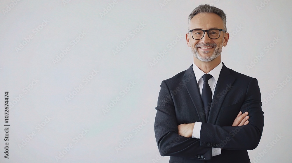 Confident Mature Businessman in His 40s Smiling with Arms Crossed Against a Neutral Background, Exuding Professionalism and Approachability in a Modern Setting Confident Mature Businessman in His 40s Smiling with Arms Crossed Against a Neutral Background, Exuding Professionalism and Approachability in a Modern Setting