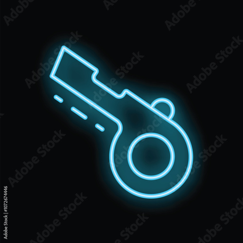 Bright blue neon key glowing in the dark, symbolizing security, access, and solutions