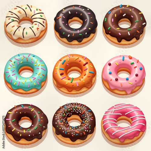 Set of nine various colorful glazed donuts with sprinkles. Pastry with chocolate, white and pink icing. Sweet dessert food isolated on background. Bakery product.