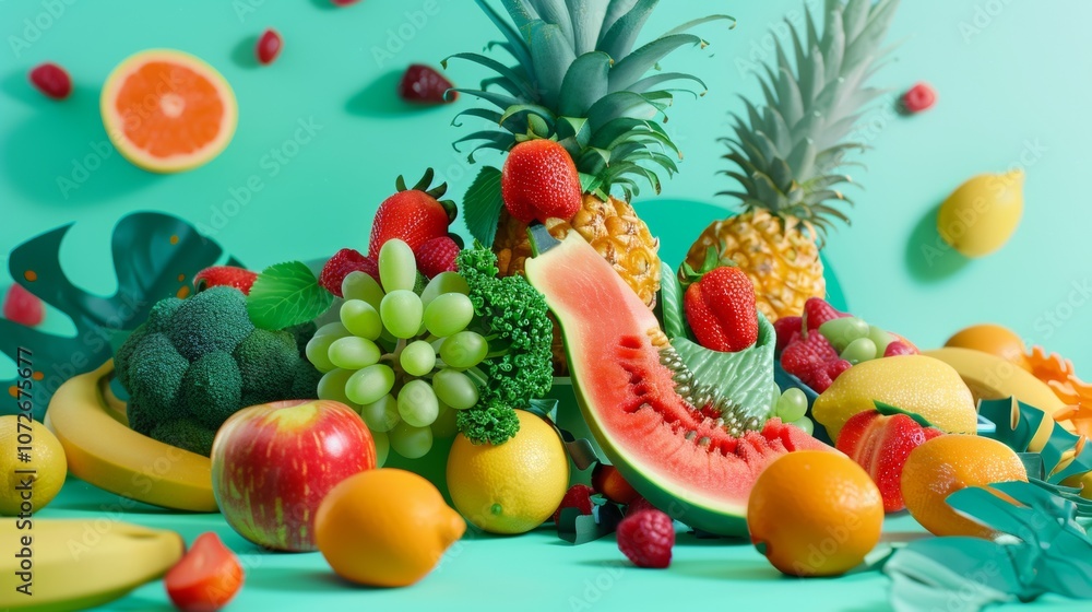 Assorted fresh fruits on vibrant green background Assorted fresh fruits on vibrant green background