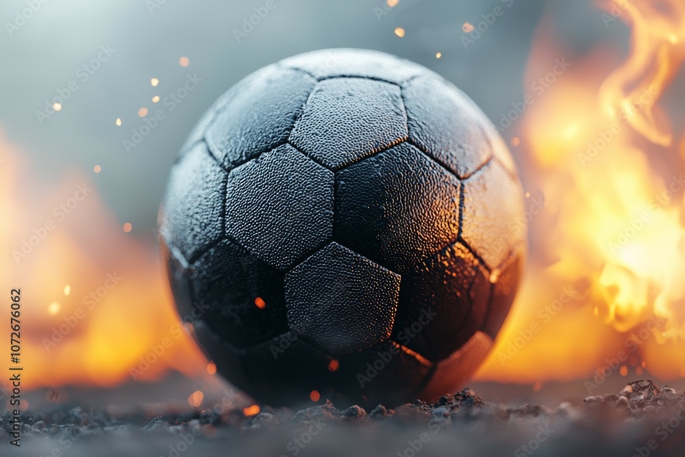 Naklejka premium A black soccer ball is sitting on a pile of ash and fire