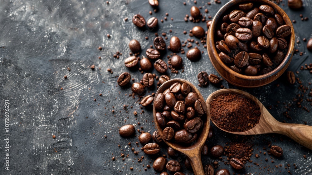 Coffee beans and ground coffee on dark surface Coffee beans and ground coffee on dark surface