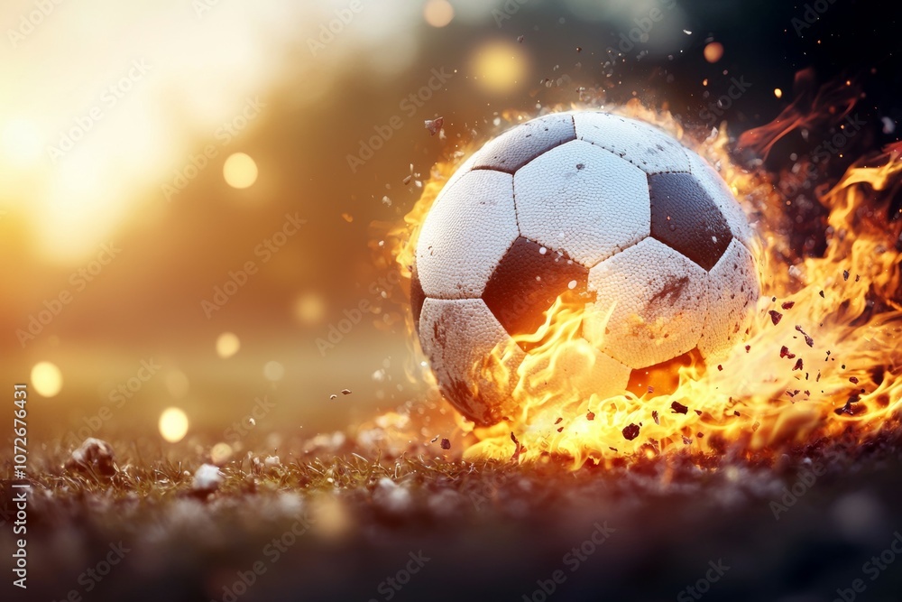 Naklejka premium A soccer ball is on fire and surrounded by debris