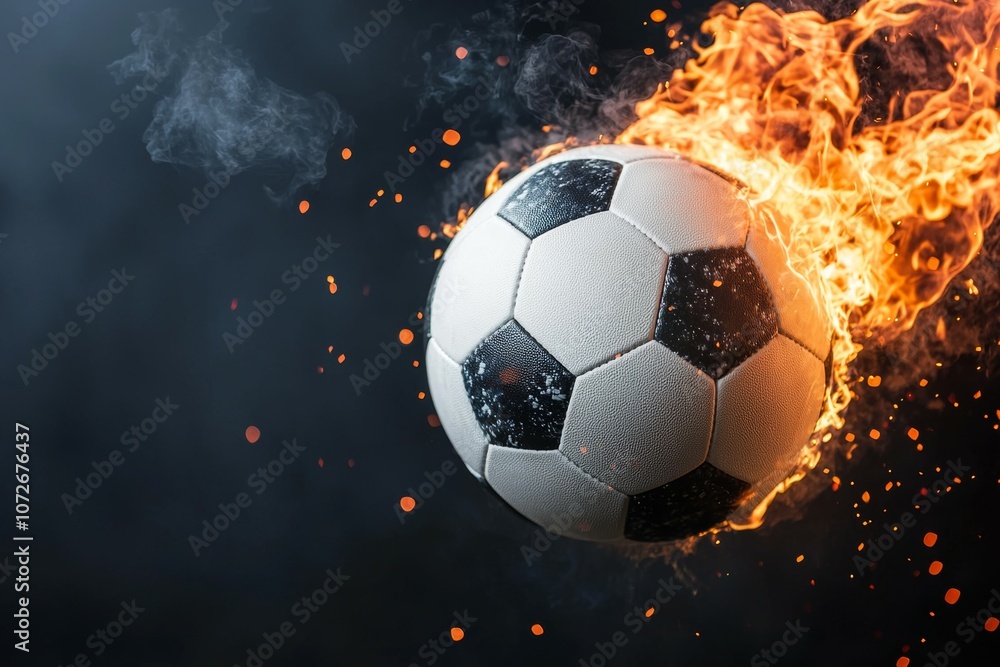 Fototapeta premium A soccer ball is in the air with fire coming off of it