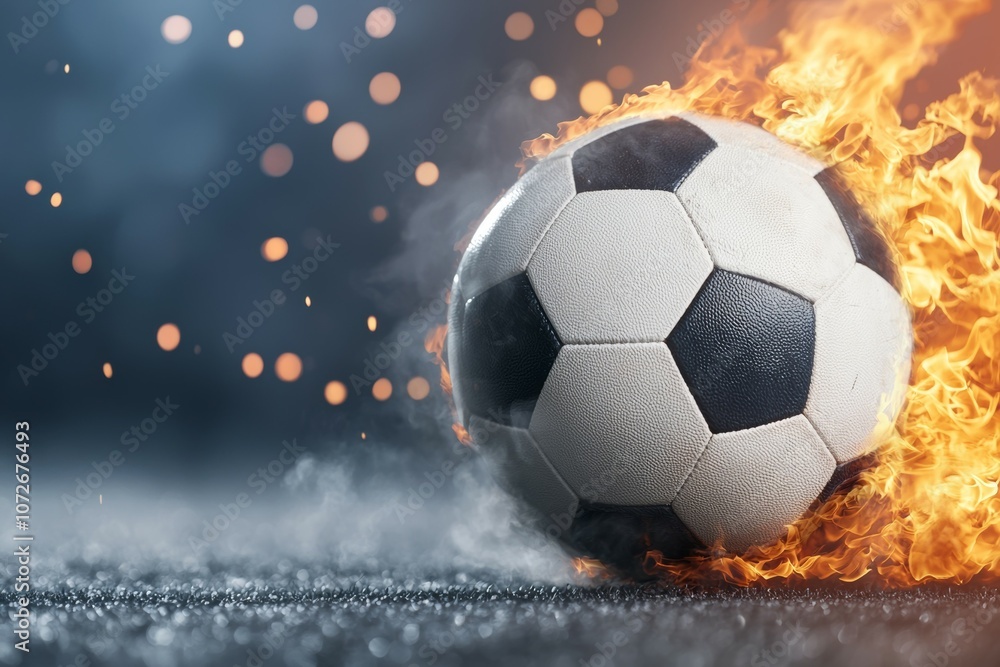 A soccer ball is surrounded by fire, creating a dramatic and intense scene A soccer ball is surrounded by fire, creating a dramatic and intense scene