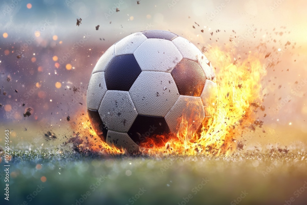 Naklejka premium A soccer ball is on fire and surrounded by a lot of debris