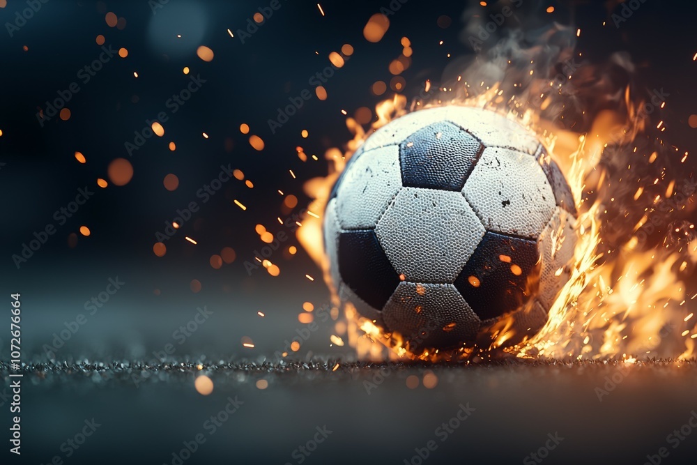Fototapeta premium A soccer ball is on fire and surrounded by sparks