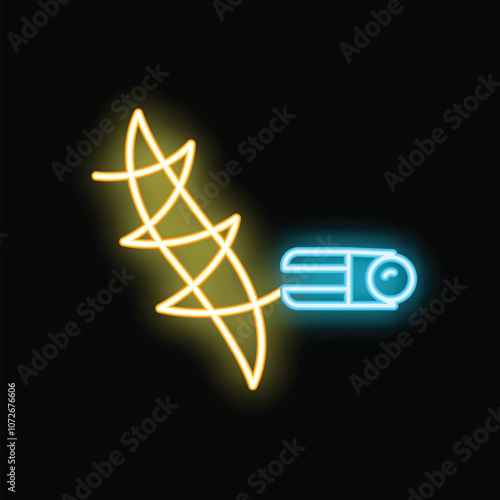 Blue and yellow neon icon of a brain receiving electric shock therapy on black background