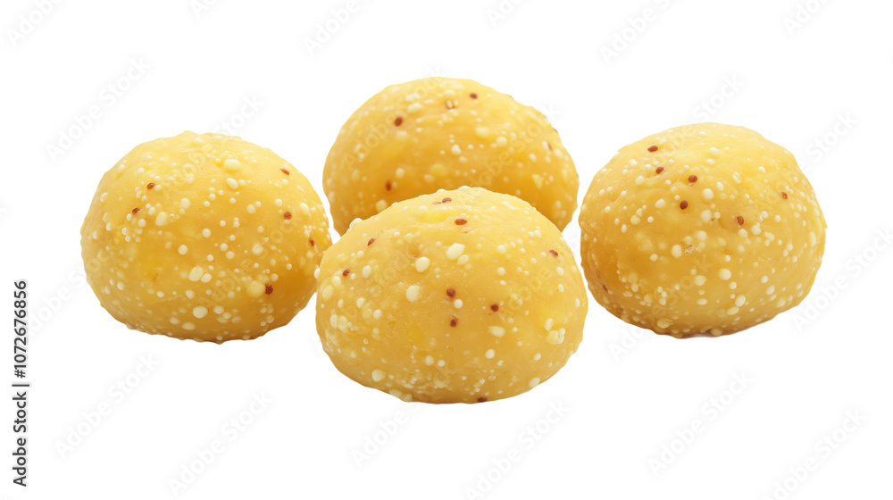 Closeup of four round, yellow laddu sweets on white backdrop. Indian traditional dessert, made with ghee, sugar, flour, nuts. Sweet, tasty, perfect for celebrations, festivals. Laddu popular Indian Closeup of four round, yellow laddu sweets on white backdrop. Indian traditional dessert, made with ghee, sugar, flour, nuts. Sweet, tasty, perfect for celebrations, festivals. Laddu popular Indian