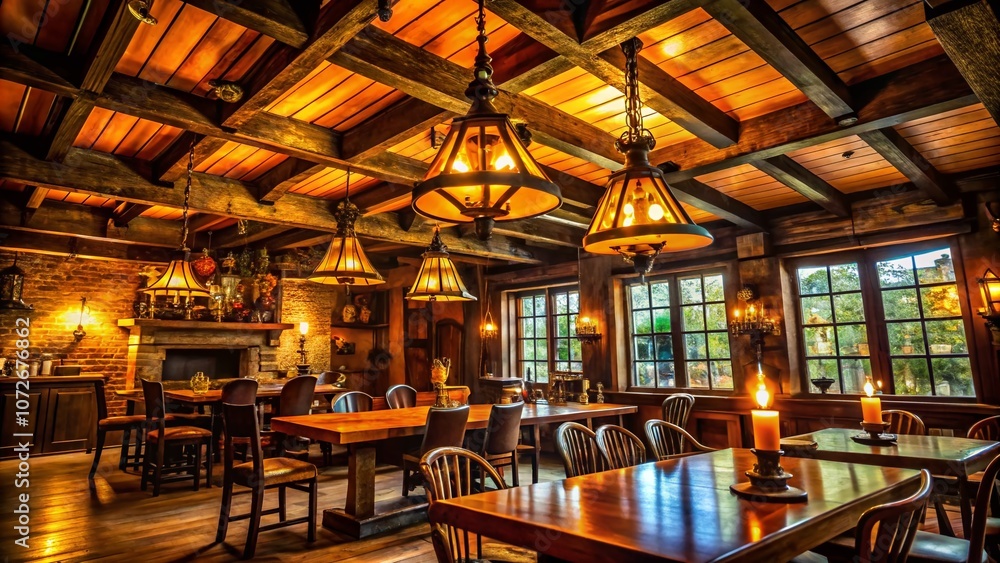 Captivating Silhouette Photography of a Classic Tavern with Wooden Beam Ceiling, Vintage Light Fixtures, and Authentic Patina Atmosphere for Cozy Dining Experiences Captivating Silhouette Photography of a Classic Tavern with Wooden Beam Ceiling, Vintage Light Fixtures, and Authentic Patina Atmosphere for Cozy Dining Experiences