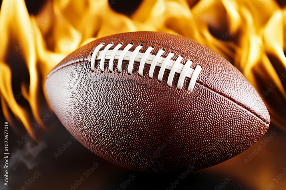 Close-up of American football with pebbled texture and white laces against flames in background Close-up of American football with pebbled texture and white laces against flames in background