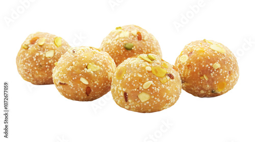 Laddu, popular Indian sweet, round, orange, sweet treat. Made with flour, sugar, nuts. Laddu traditionally enjoyed during festivals, celebrations. Close-up view shows detail, texture of laddu, making