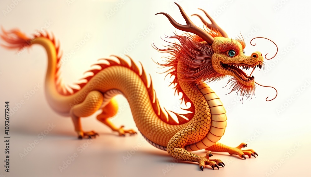 Obraz premium Golden Chinese dragon, isolated on white background. Dragon of luck, prosperity, power. Used for Chinese New Year, festivals, holidays decorations. Illustration for cards, banners, posters, website