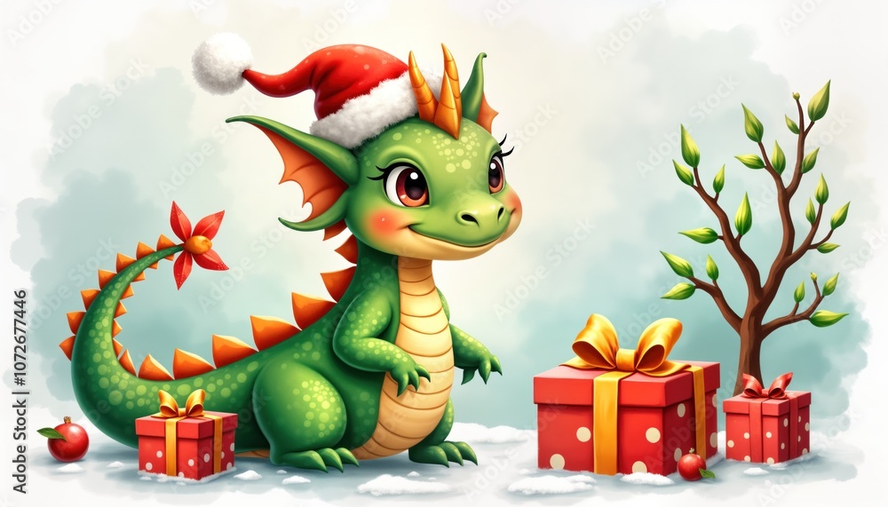 Cute green dragon in Santa hat stands on snowy ground, looking at gifts. Cartoon illustration of fairytale creature on Christmas. Dragon in winter wonderland. Cute green dragon in Santa hat stands on snowy ground, looking at gifts. Cartoon illustration of fairytale creature on Christmas. Dragon in winter wonderland.