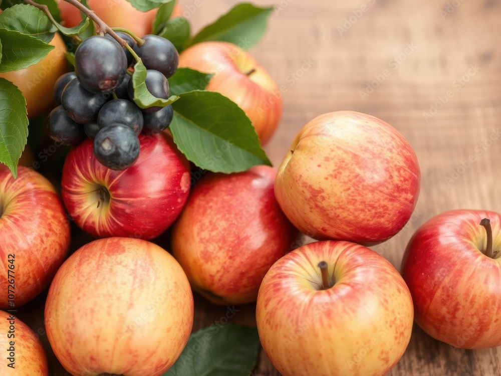 A close-up shot of a bunch of ripe and juicy green apples freshly plucked from the garden, scattered on a wooden table, juicy, ripe A close-up shot of a bunch of ripe and juicy green apples freshly plucked from the garden, scattered on a wooden table, juicy, ripe