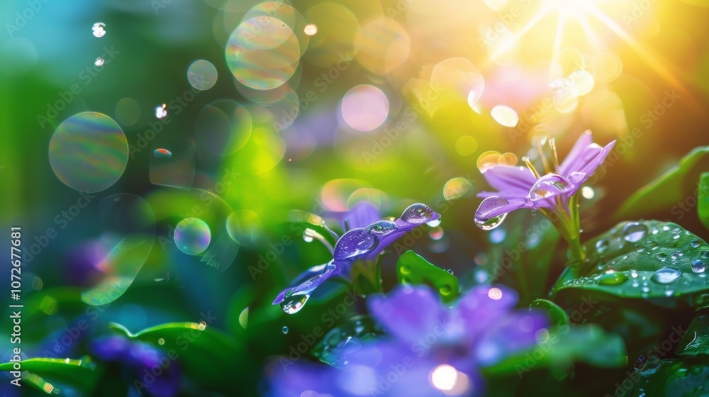 Raindrops on purple flowers with bokeh and sunlight Raindrops on purple flowers with bokeh and sunlight