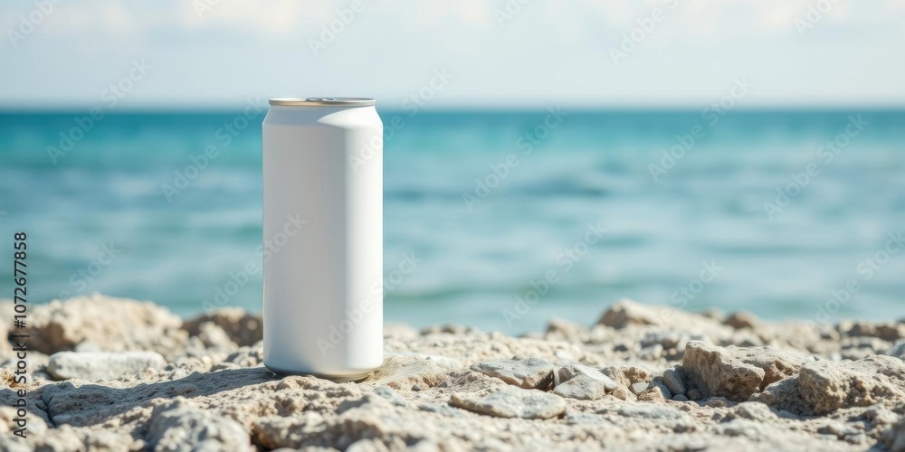 A white blank mockup Soda Can Mockup on Rocky Surface on a beach, seaside, summer A white blank mockup Soda Can Mockup on Rocky Surface on a beach, seaside, summer