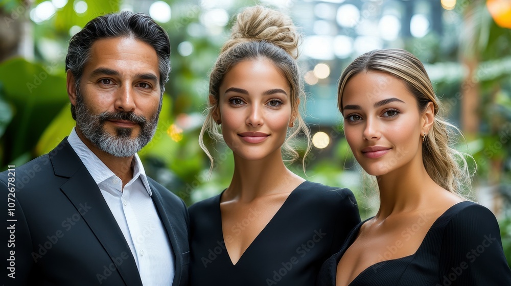 Three women pose for a photo in front of a green background. The man in the background is wearing a suit and tie. The photo has a formal and elegant mood Three women pose for a photo in front of a green background. The man in the background is wearing a suit and tie. The photo has a formal and elegant mood