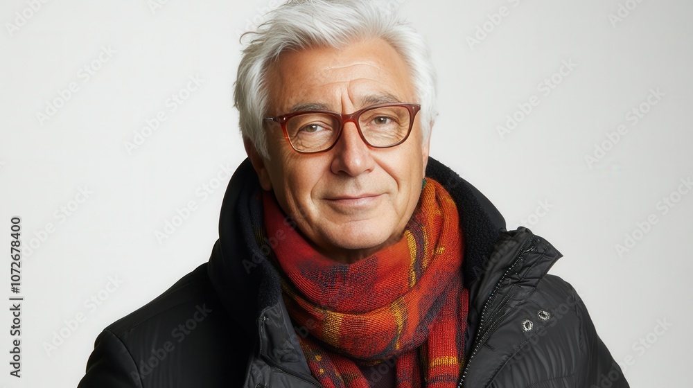 A man wearing glasses and a scarf is smiling. He looks happy and content. The scarf is orange and black, and it is wrapped around his neck A man wearing glasses and a scarf is smiling. He looks happy and content. The scarf is orange and black, and it is wrapped around his neck