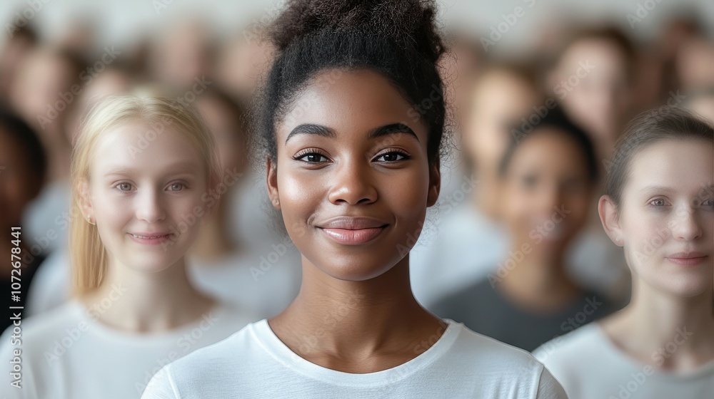 A woman with a big smile on her face stands in front of a crowd of people. Concept of happiness and positivity, as the woman's smile is contagious and uplifting A woman with a big smile on her face stands in front of a crowd of people. Concept of happiness and positivity, as the woman's smile is contagious and uplifting