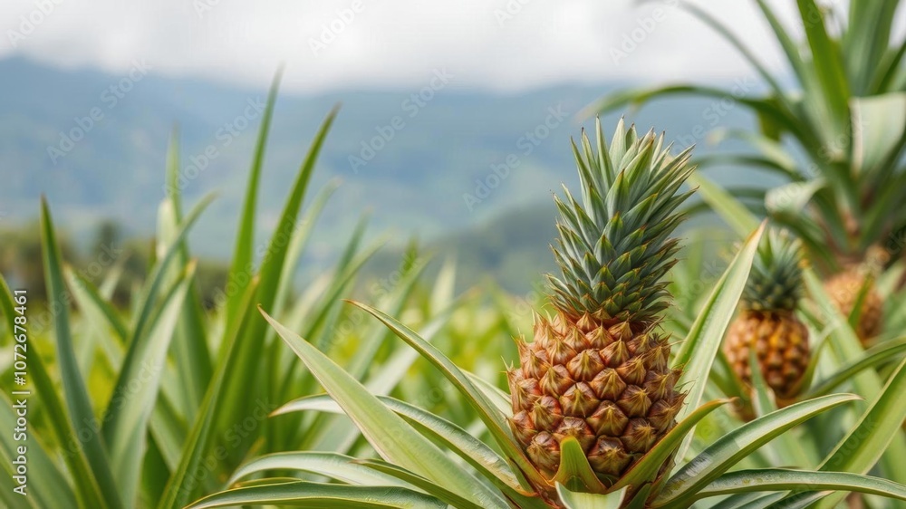 Close up of young pineapple plant growing next to a rice field in Bali Indonesia, tropical, nature Close up of young pineapple plant growing next to a rice field in Bali Indonesia, tropical, nature
