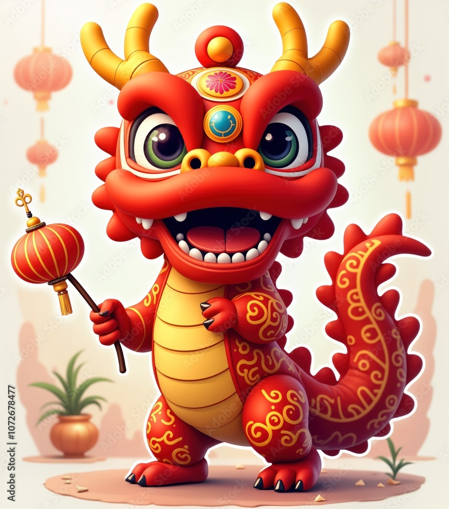 Red dragon mascot holds Chinese lantern, of luck, prosperity for new year. Cute cartoon illustration perfect for greeting cards, social media, festive decorations, Chinese New Year celebrations. Red dragon mascot holds Chinese lantern, of luck, prosperity for new year. Cute cartoon illustration perfect for greeting cards, social media, festive decorations, Chinese New Year celebrations.