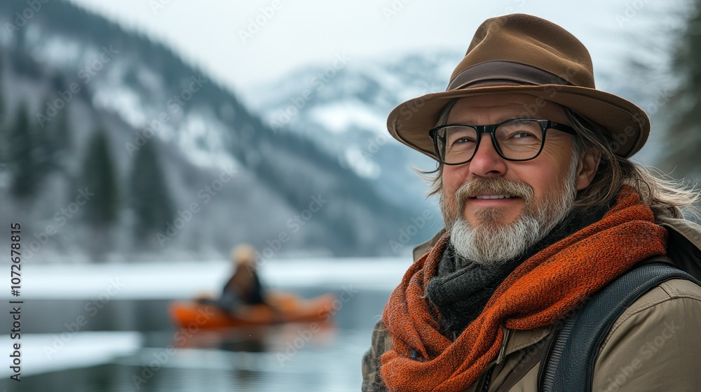 A man with a brown hat and glasses is smiling at the camera. He is wearing an orange scarf and a brown jacket. The scene takes place near a body of water, with a canoe in the background A man with a brown hat and glasses is smiling at the camera. He is wearing an orange scarf and a brown jacket. The scene takes place near a body of water, with a canoe in the background