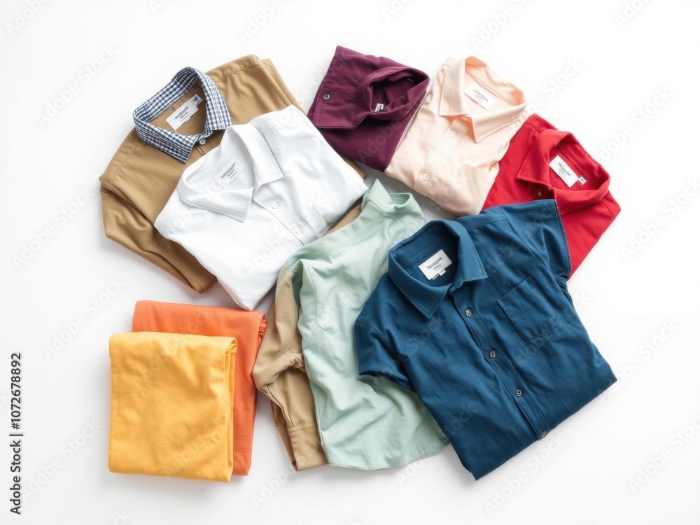 Folded shirts in various colors and styles neatly arranged on a white background, organized, laundry services Folded shirts in various colors and styles neatly arranged on a white background, organized, laundry services