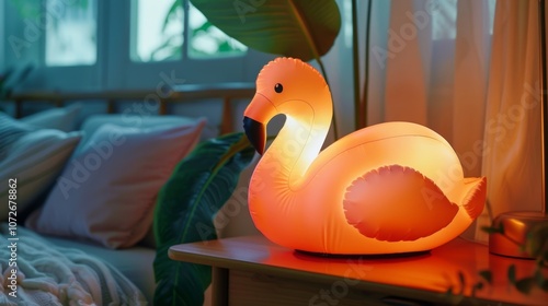 A table lamp in the shape of an inflatable animal such as a flamingo or a dolphin with a light source in its belly for a fun and quirky touch. photo