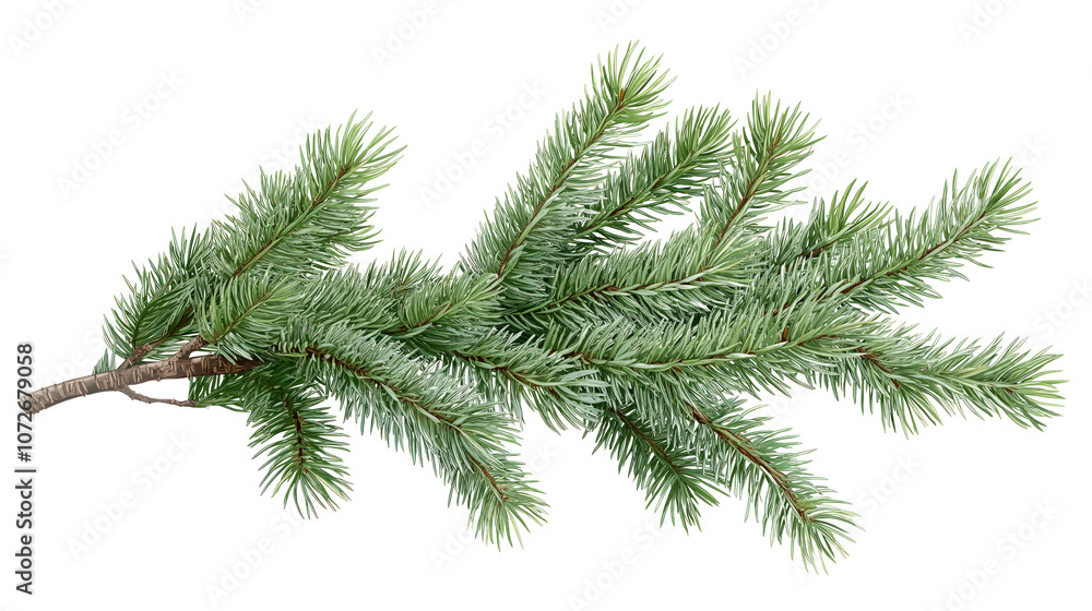 Spruce branch isolated on isolated background. Evergreen twig with green needles. Realistic Christmas tree element. Coniferous fir tree branch for holiday design. Xmas card decoration. Winter season Spruce branch isolated on isolated background. Evergreen twig with green needles. Realistic Christmas tree element. Coniferous fir tree branch for holiday design. Xmas card decoration. Winter season