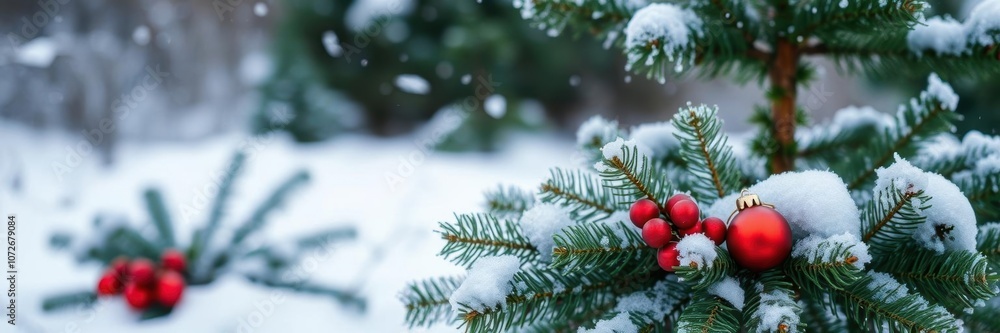 Green spruce branches with snowflakes on them in a snowy forest setting, festive, Christmas Green spruce branches with snowflakes on them in a snowy forest setting, festive, Christmas