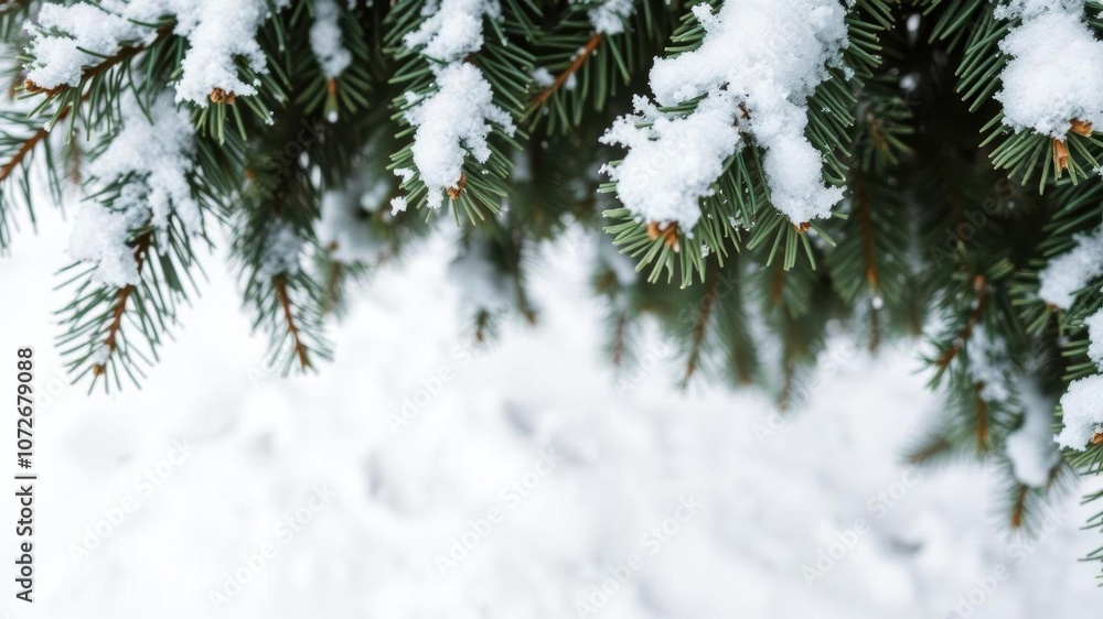 Green spruce branches covered in snow, creating a festive holiday background, seasonal, outdoor Green spruce branches covered in snow, creating a festive holiday background, seasonal, outdoor