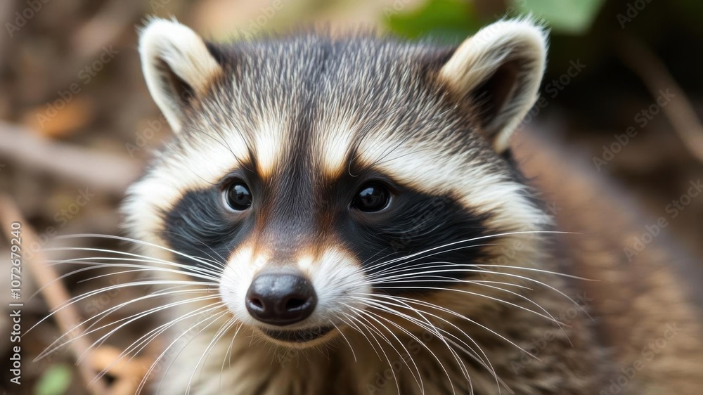 Macro close-up of a raccoon with a wet black nose, whiskers, nature Macro close-up of a raccoon with a wet black nose, whiskers, nature