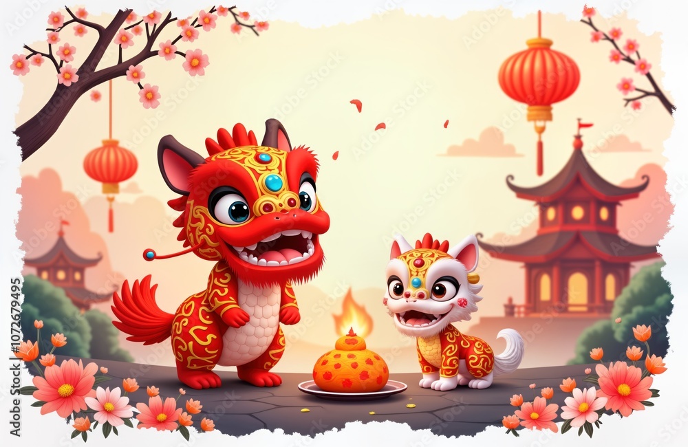 Red, white animal figures, resembling dragons lions in traditional Chinese New Year costumes, stand in front of burning candle. Surrounded by flowers, lanterns, scene set against backdrop of Chinese Red, white animal figures, resembling dragons lions in traditional Chinese New Year costumes, stand in front of burning candle. Surrounded by flowers, lanterns, scene set against backdrop of Chinese
