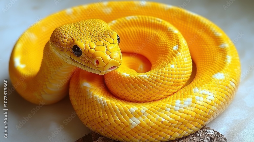 A yellow snake is curled up on a white surface. The snake is small and has a white head A yellow snake is curled up on a white surface. The snake is small and has a white head