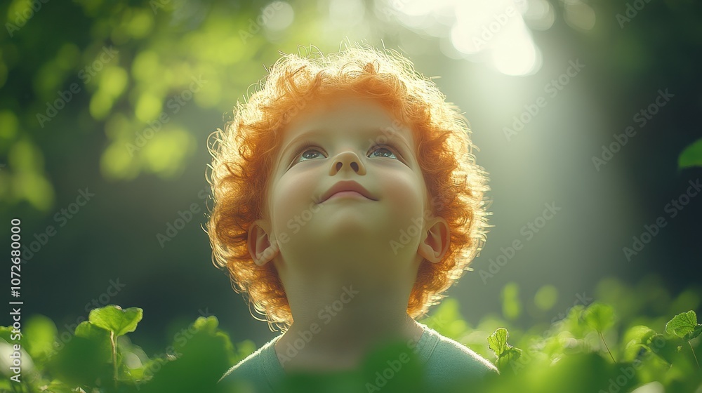 A young child with red hair is looking up at the sky. Concept of wonder and curiosity, as the child seems to be gazing at something beyond the foliage A young child with red hair is looking up at the sky. Concept of wonder and curiosity, as the child seems to be gazing at something beyond the foliage